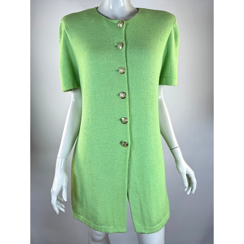 St John Santana Knit Tunic Gold Button Jacket Women L Short Sleeve Bright Green